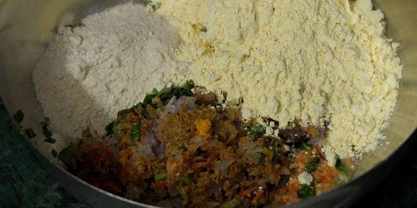 Besan Chilla, Besan Cheela Recipe mixing flour and masala