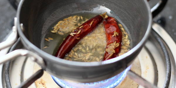 dal tadka adding dry red chili