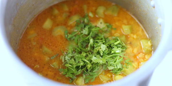 Turai Moong Dal adding fresh coriander