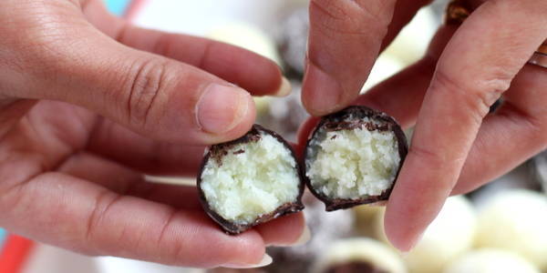 chocolate coconut balls with comdensed milk