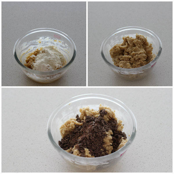 eggless Chocolate Chips Cookie adding flour and chocolate chips